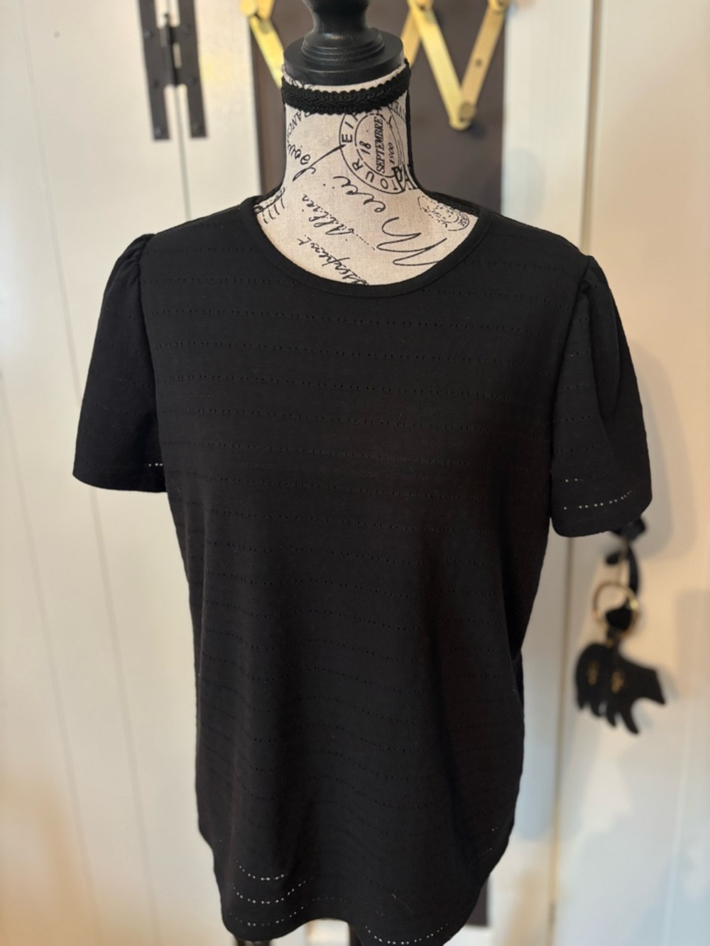 Rafaella Black Short-Sleeve Eyelet Knit Top